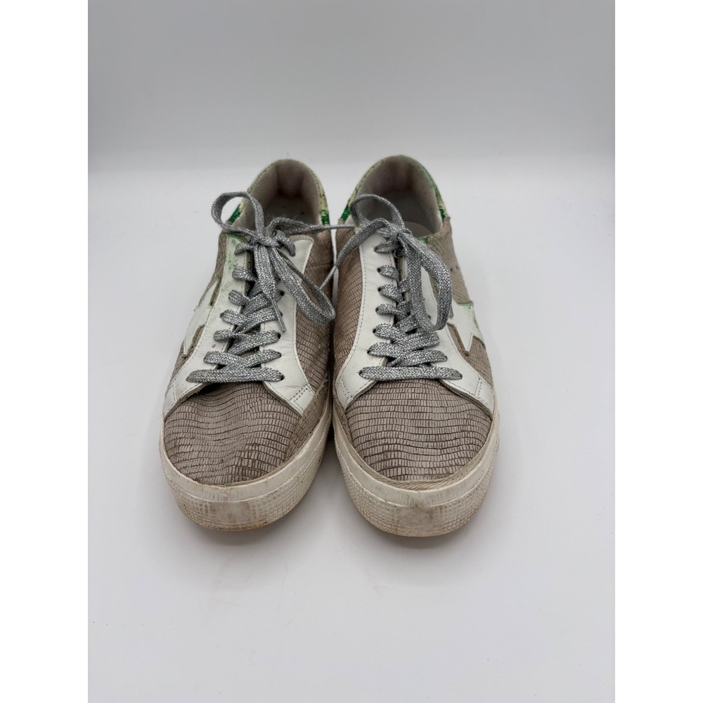 Golden Goose May Sneakers Lizard Embossed Green Glitter Star Taupe Grey Size 41